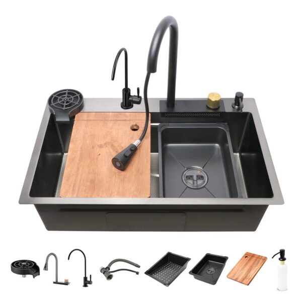 Kitchen Sink with Integrated Waterfall, Pull-Out & RO Faucet